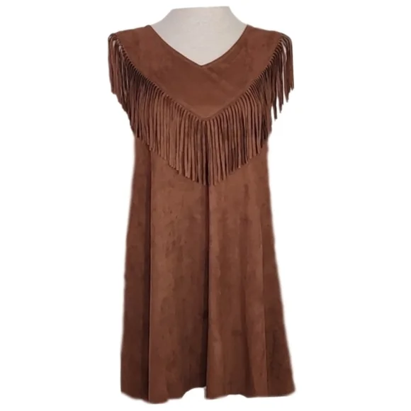Tasha Polizzi Dress Fringed Faux Suede Western Cowgirl Brown Size S - Picture 3 of 12